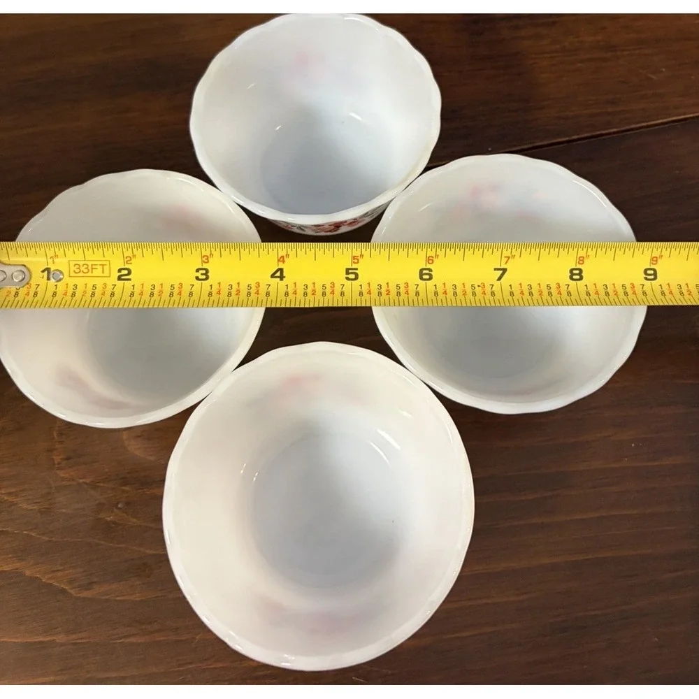 Vintage Fire King Primrose Custard Bowls Set of 4 Milk Glass Floral 1960s